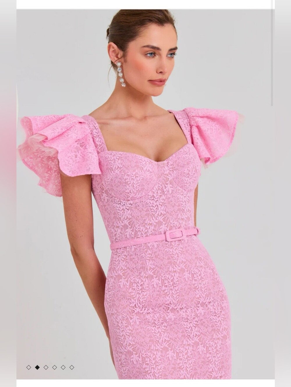NADINE MERABI Pink Lace Mermaid Midi Dress with Ruffle Sleeves - Picture 2 of 10